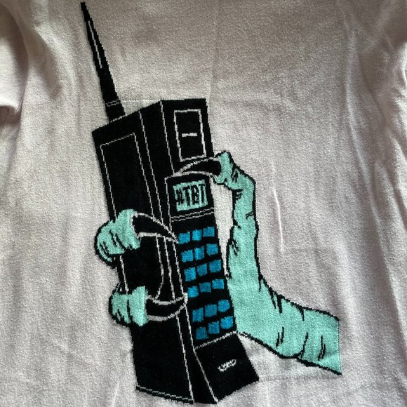 JENDES Mobile Phone Light Pale Pink Soft Knit T-shirt with Blue Rims Size S - Picture 5 of 8